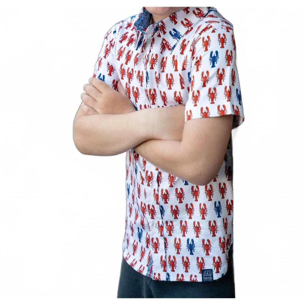 NEW TUKTUK DESIGNS boys lobsters short sleeve shirt in white/ red/ blue
